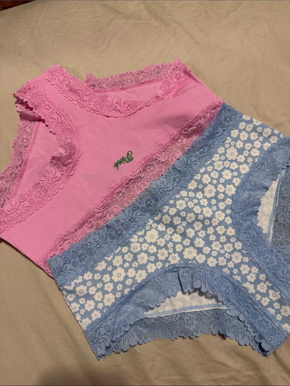 PINK Victoria's Secret Pink Lace Trim Tank and Blue Floral Lace Hipster Set